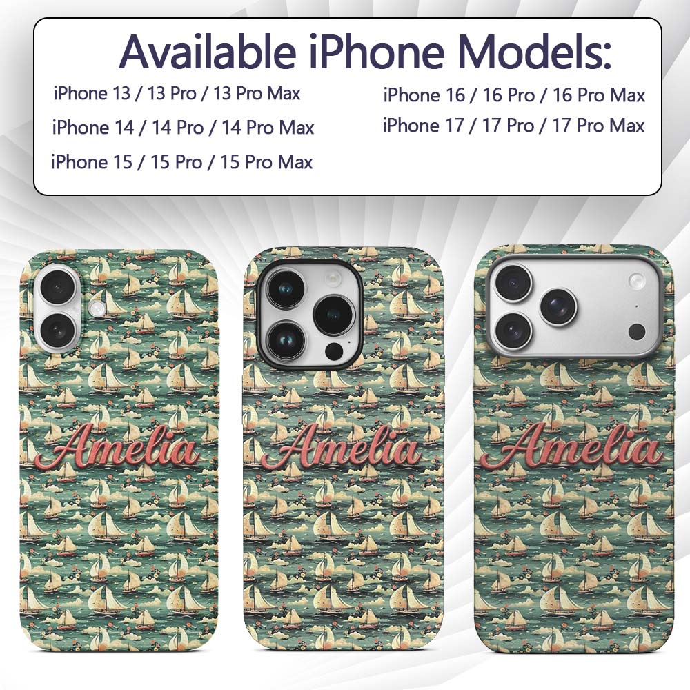 Charming Sailboats Floral Sea Seamless Pattern Custom Name Protective Phone Case Mobile Cover Durable Everyday Smartphone Shock Resistant
