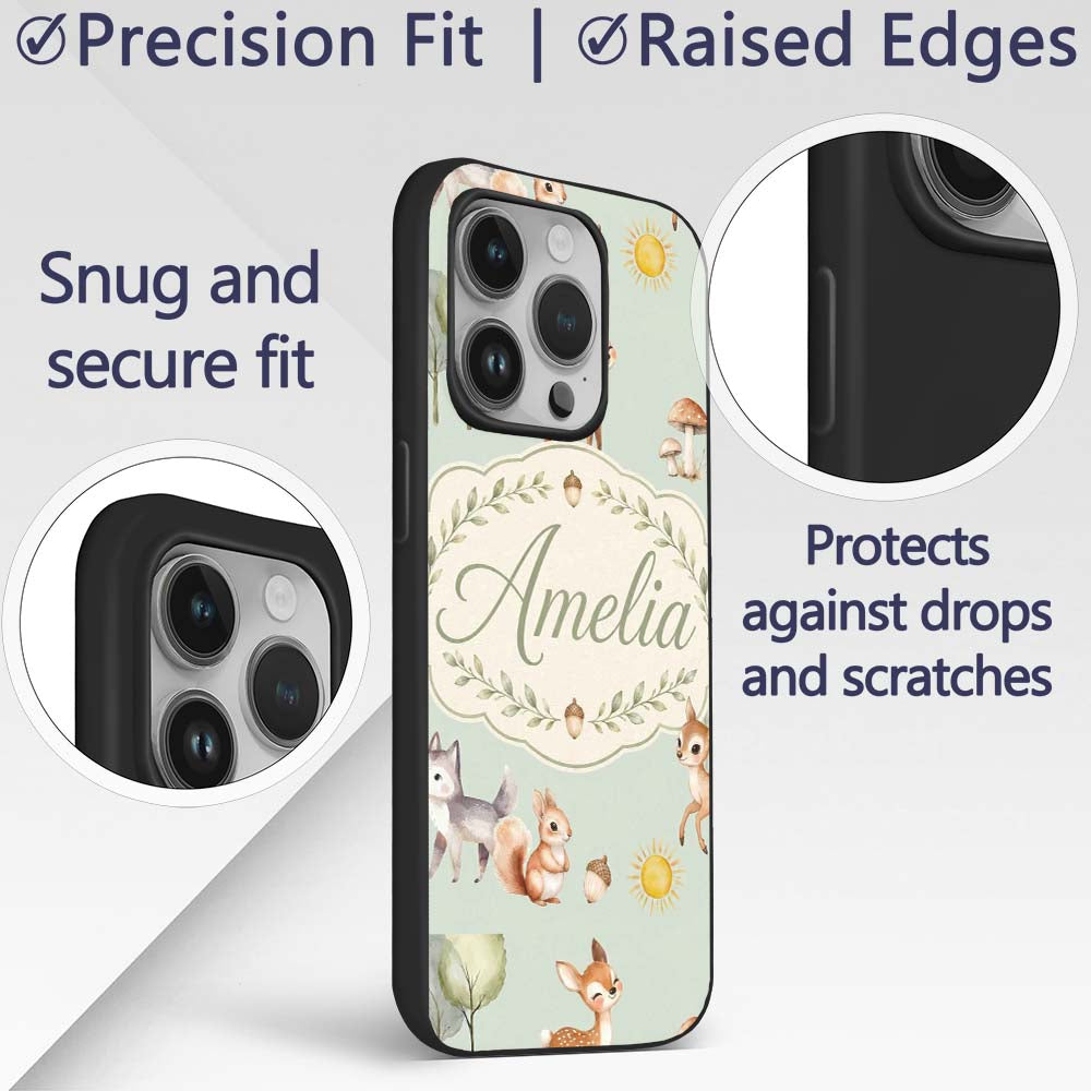 Cute Woodland Deer Fox Mushroom Seamless Pattern Custom Name Protective Phone Case Mobile Cover Durable Everyday Smartphone Shock Resistant