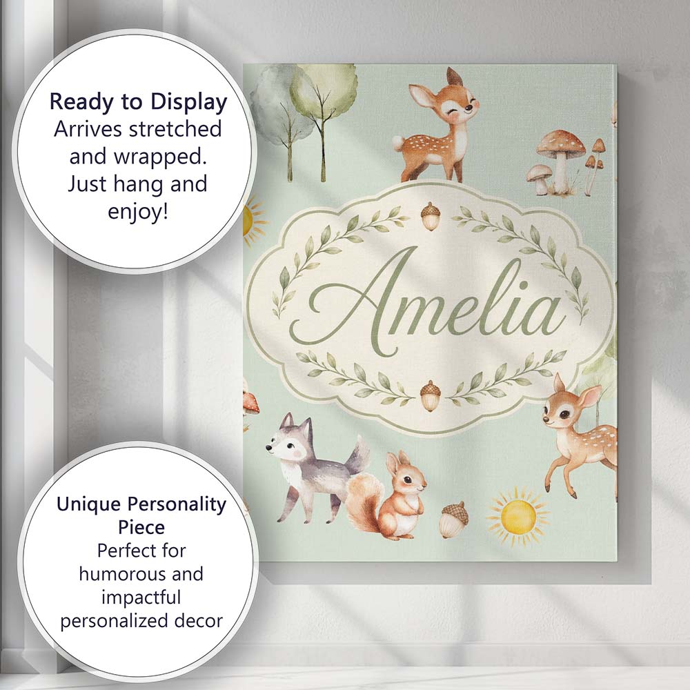Personalised Name Cute Woodland Deer Fox Custom Unique Gift Idea Elegant Feature Canvas Wall Art Print Decor Picture Ready to Hang