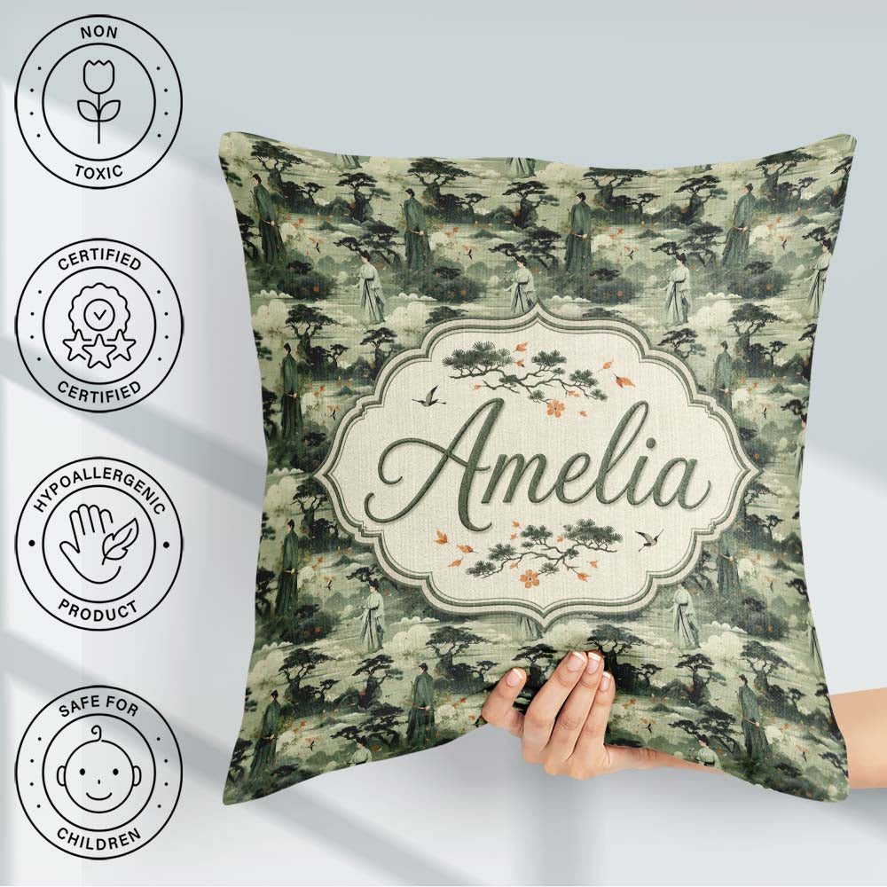 Custom Name Traditional Asian Landscape Figures Seamless Pattern Square Filled Cushion Throw Pillow Sofa Bed Home Decor Zip Washable UK Made