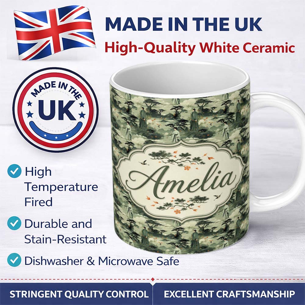 Personalized Custom Name Traditional Asian Landscape Figures Seamless Pattern Elegant Nature 11oz Ceramic Coffee Tea Mug White Large Handle