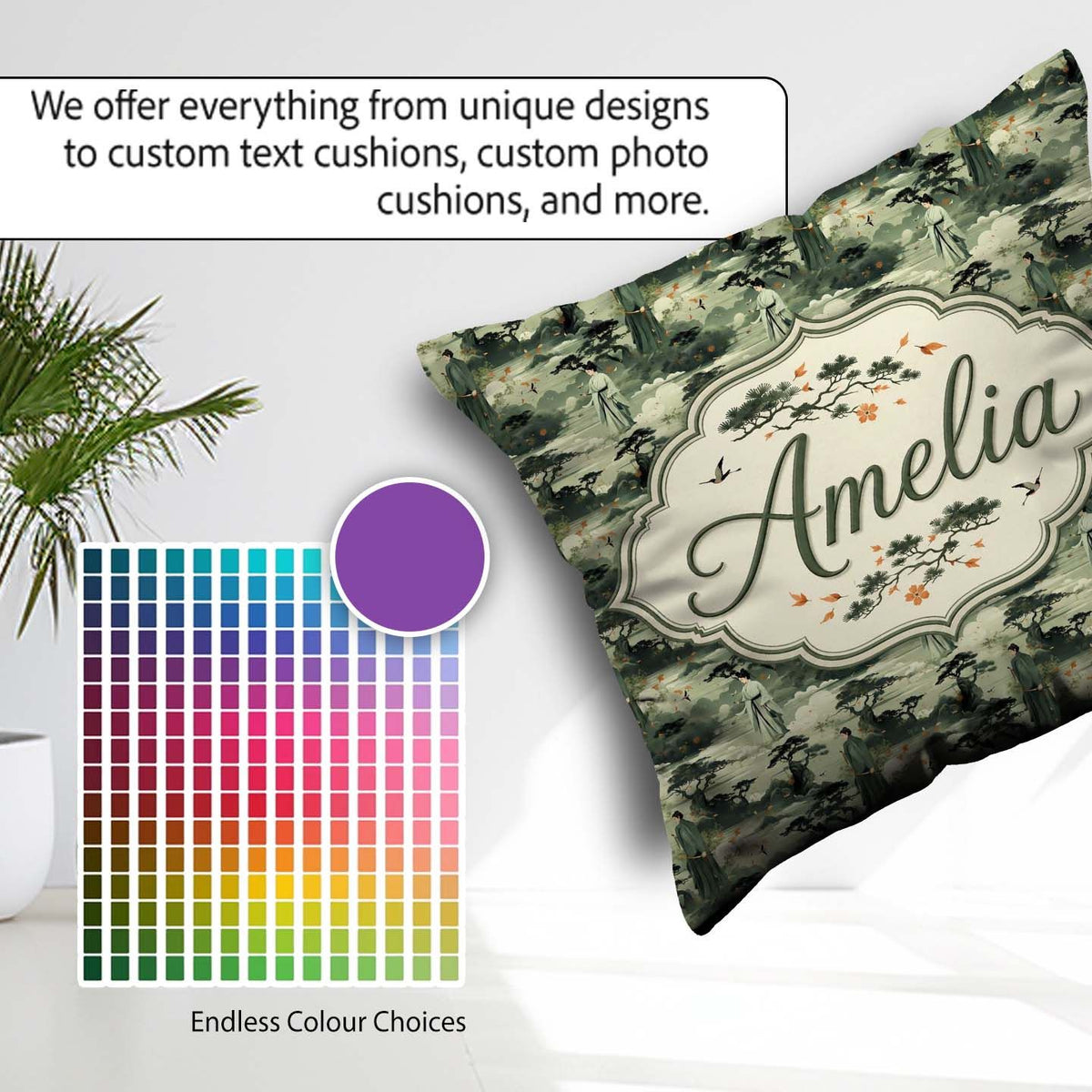 Custom Name Traditional Asian Landscape Figures Seamless Pattern Square Filled Cushion Throw Pillow Sofa Bed Home Decor Zip Washable UK Made