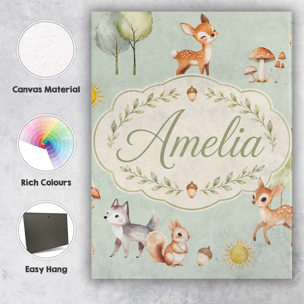 Personalised Name Cute Woodland Deer Fox Custom Unique Gift Idea Elegant Feature Canvas Wall Art Print Decor Picture Ready to Hang
