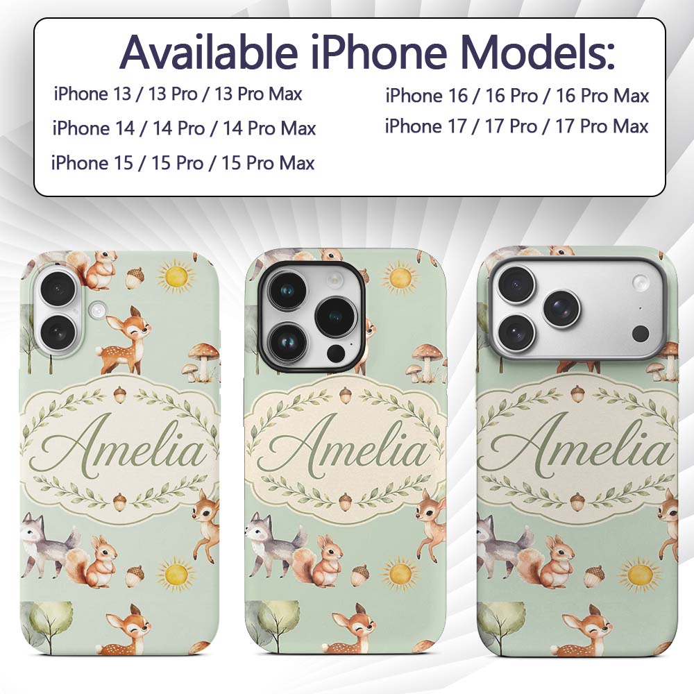 Cute Woodland Deer Fox Mushroom Seamless Pattern Custom Name Protective Phone Case Mobile Cover Durable Everyday Smartphone Shock Resistant