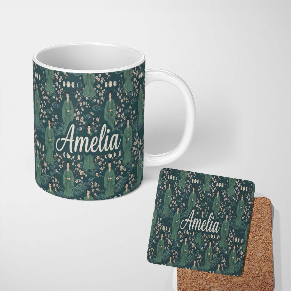 Personalized Custom Name Mystical Japanese Warrior Moonlight Floral Seamless Pattern Fantasy 11oz Ceramic Coffee Tea Mug White Large Handle