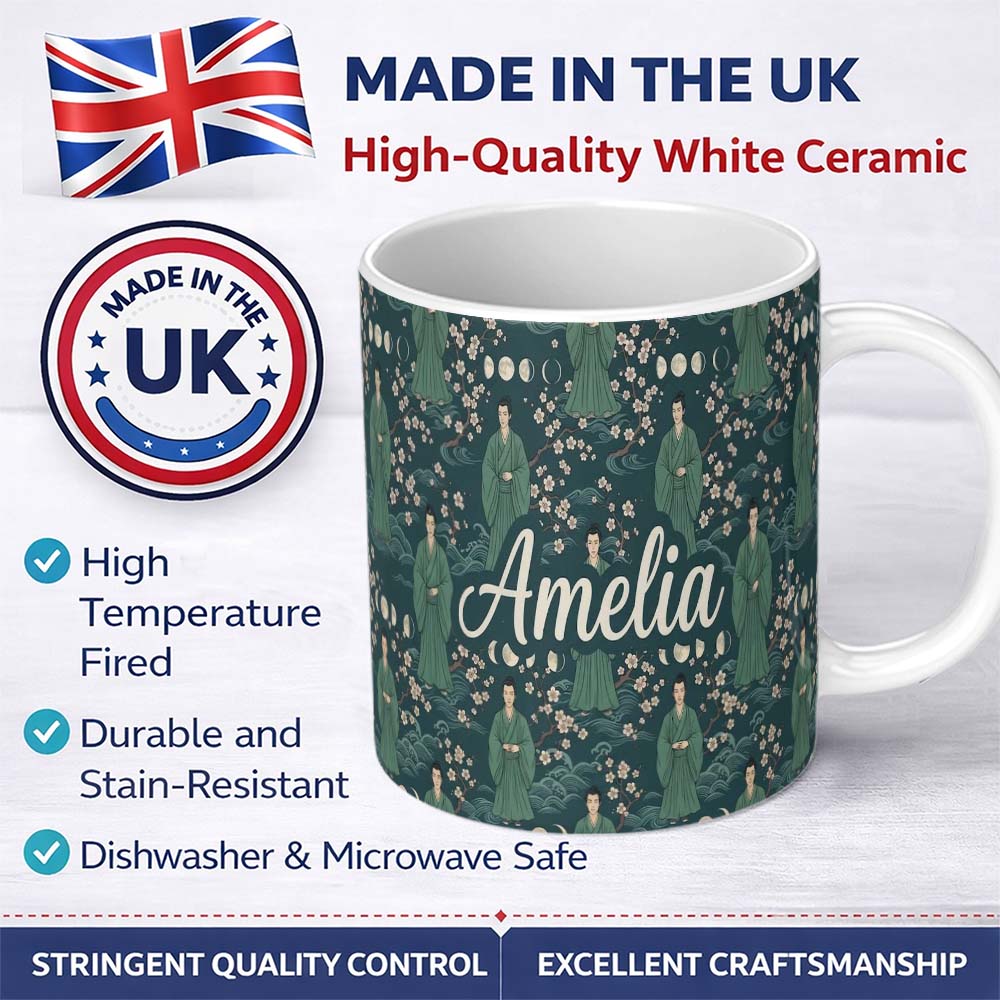 Personalized Custom Name Mystical Japanese Warrior Moonlight Floral Seamless Pattern Fantasy 11oz Ceramic Coffee Tea Mug White Large Handle