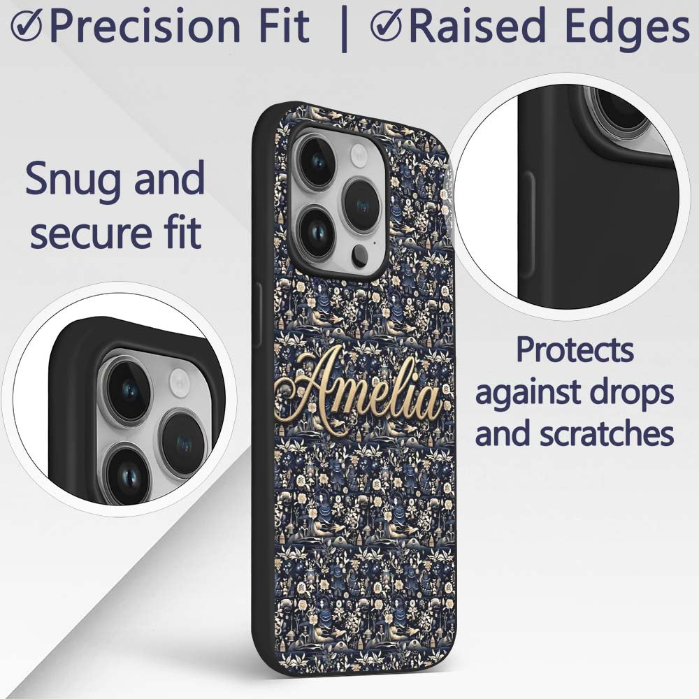 Elegant Midnight Floral Doll Garden Seamless Custom Name Protective Phone Case Mobile Cover Durable Everyday Smartphone Shock Resistant