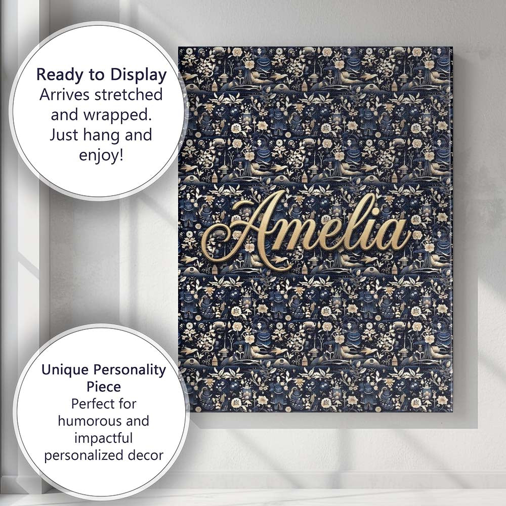 Personalised Name Elegant Midnight Floral Custom Bespoke Decorative Contemporary Canvas Wall Art Print Decor Picture Ready to Hang