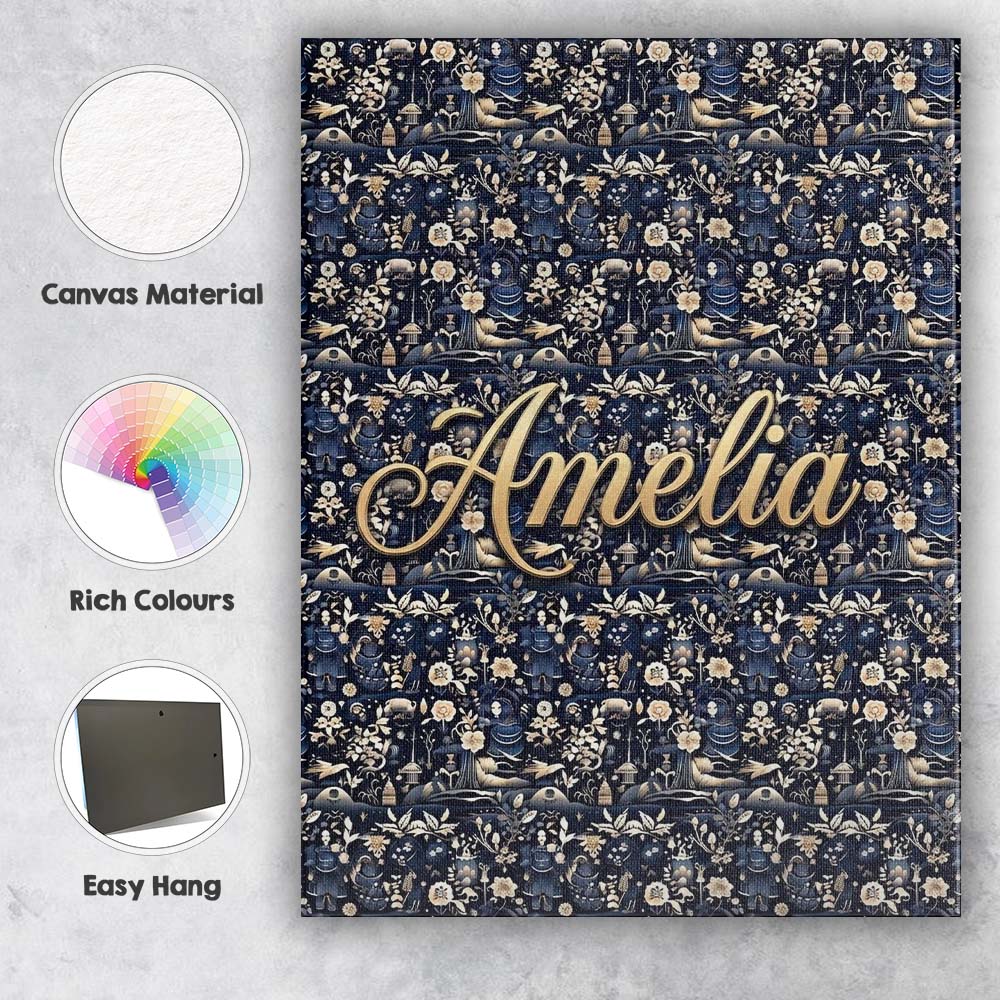 Personalised Name Elegant Midnight Floral Custom Bespoke Decorative Contemporary Canvas Wall Art Print Decor Picture Ready to Hang