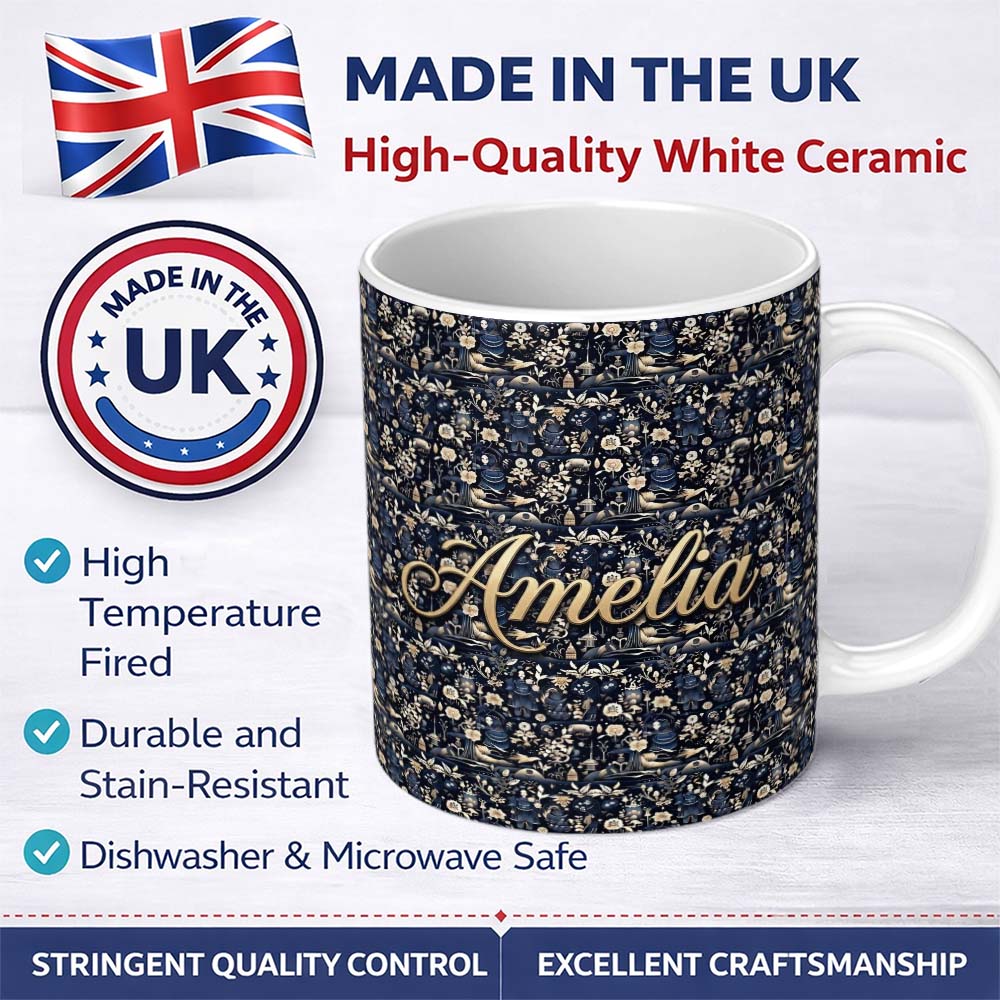 Personalized Custom Name Elegant Midnight Floral Doll Garden Seamless Pattern Dark Blue 11oz Ceramic Coffee Tea Mug White Large Handle
