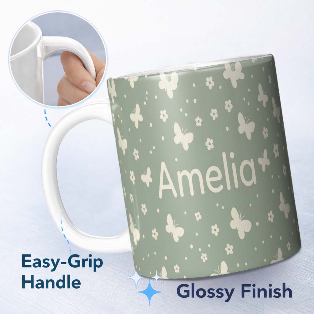 Personalized Custom Name Minimal Butterfly Silhouette Soft Green Background Seamless Pattern 11oz Ceramic Coffee Tea Mug White Large Handle