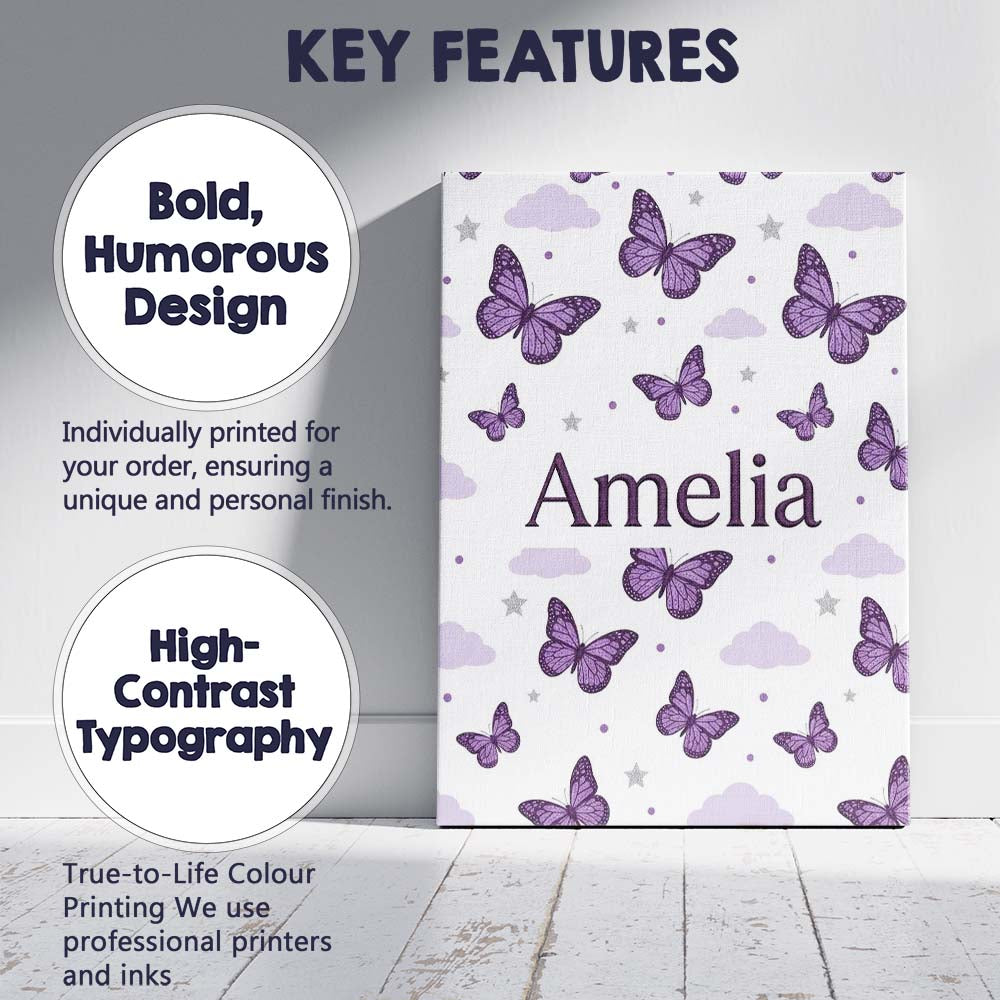 Personalised Name Purple Butterfly Clouds Custom Unique Gift Idea Elegant Feature Canvas Wall Art Print Decor Picture Ready to Hang