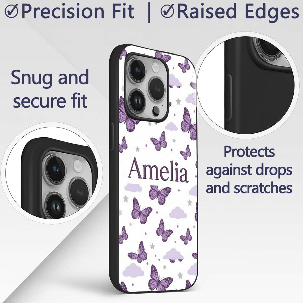 Purple Butterfly Clouds Stars Dreamy Seamless Custom Name Protective Phone Case Mobile Cover Durable Everyday Smartphone Shock Resistant
