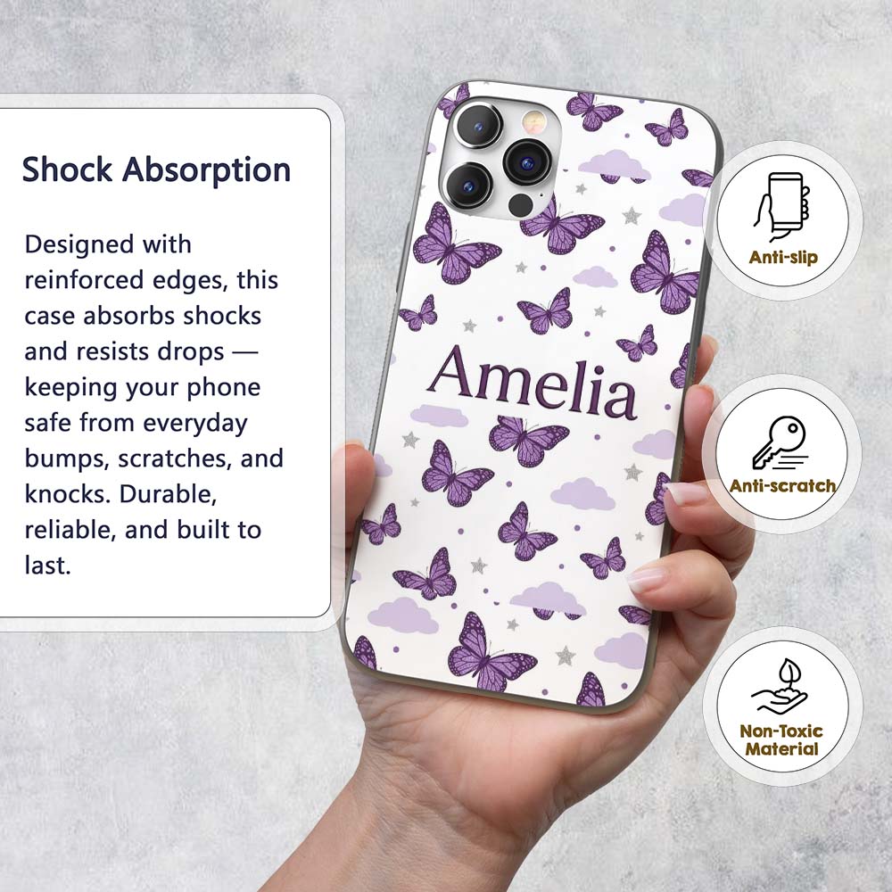 Purple Butterfly Clouds Stars Dreamy Seamless Custom Name Protective Phone Case Mobile Cover Durable Everyday Smartphone Shock Resistant