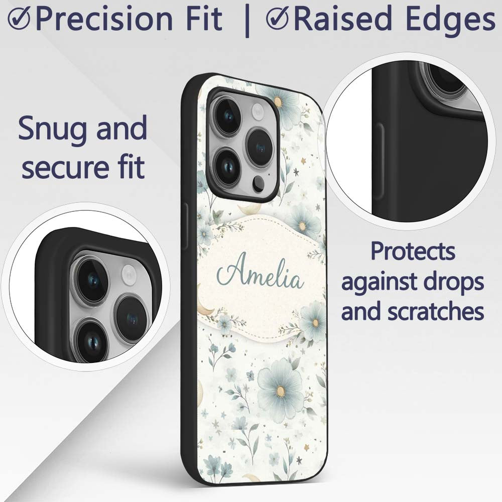 Blue Floral Moon Seamless Pattern Printed Design Custom Name Protective Phone Case Mobile Cover Durable Everyday Smartphone Shock Resistant