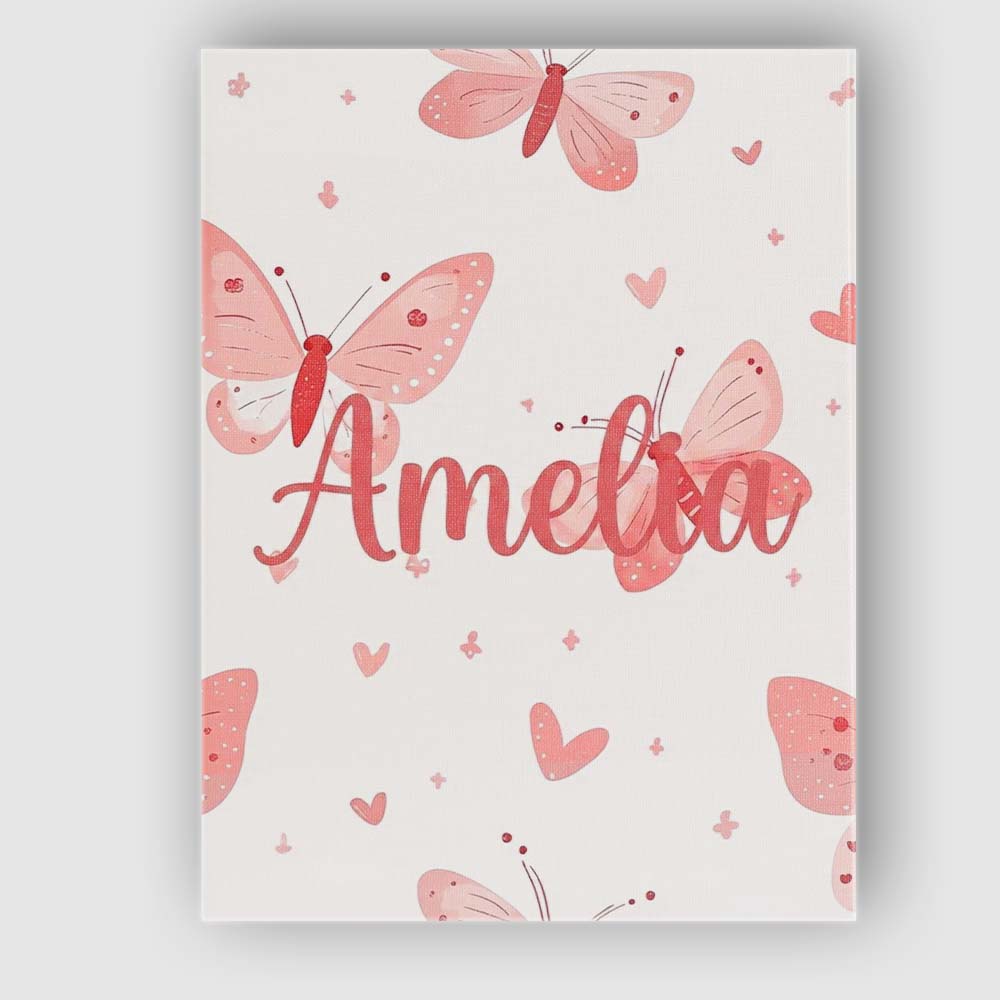 Personalised Name Cute Pink Butterflies Custom Modern Room Accent Elegant Feature Canvas Wall Art Print Decor Picture Ready to Hang