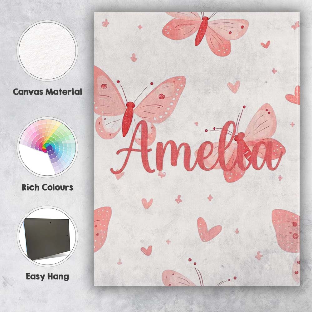 Personalised Name Cute Pink Butterflies Custom Modern Room Accent Elegant Feature Canvas Wall Art Print Decor Picture Ready to Hang
