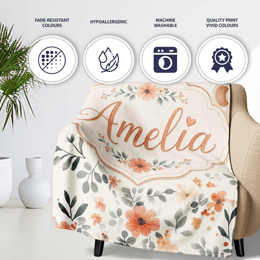 Cute Baby Elephants Floral Leaves Seamless Pattern Nursery Style Personalised Custom Name Super Soft Fleece Blanket Bed Sofa Throw