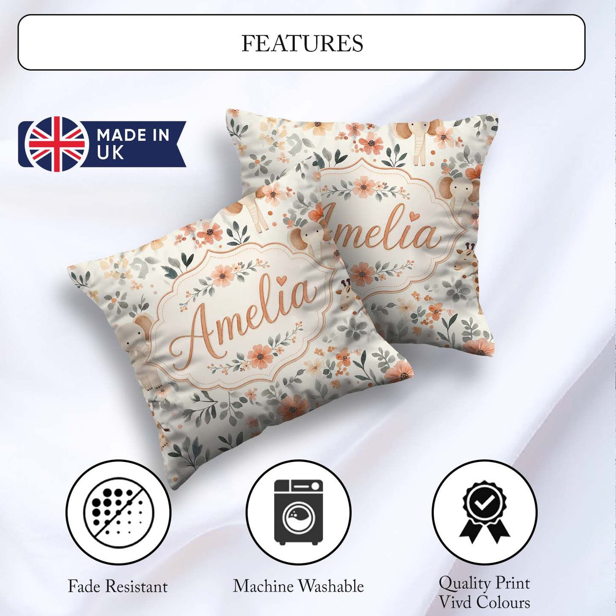 Custom Name Baby Elephants Floral Seamless Pattern Nursery Style Square Filled Cushion Throw Pillow Sofa Bed Home Decor Zip Washable UK Made