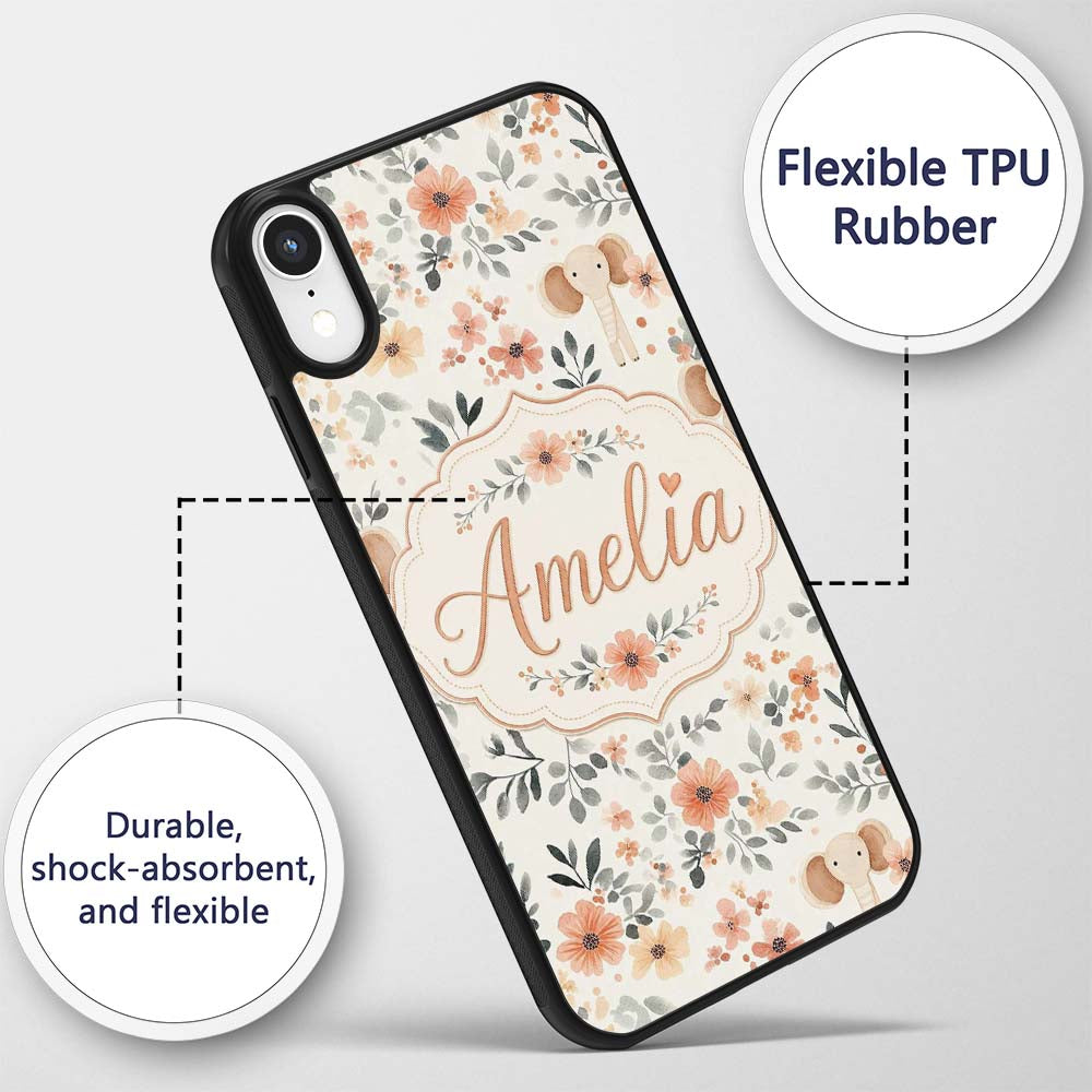 Cute Baby Elephants Floral Leaves Printed Design Custom Name Protective Phone Case Mobile Cover Durable Everyday Smartphone Shock Resistant