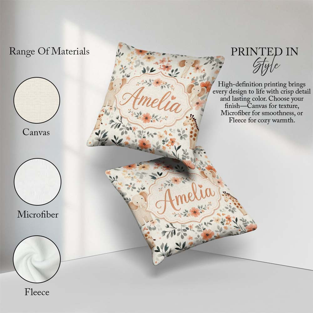 Custom Name Baby Elephants Floral Seamless Pattern Nursery Style Square Filled Cushion Throw Pillow Sofa Bed Home Decor Zip Washable UK Made