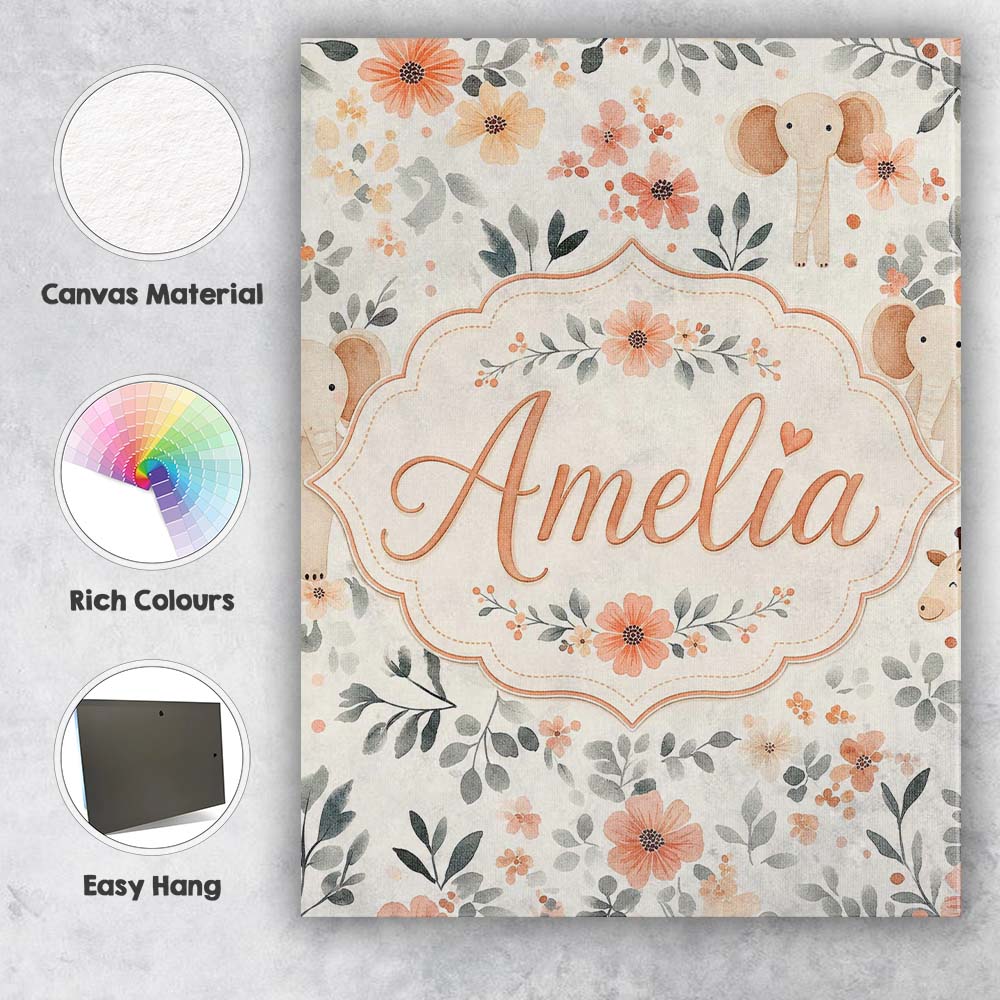 Personalised Name Cute Baby Elephants Custom Modern Room Accent Creative Decorator Style Canvas Wall Art Print Decor Picture Ready to Hang