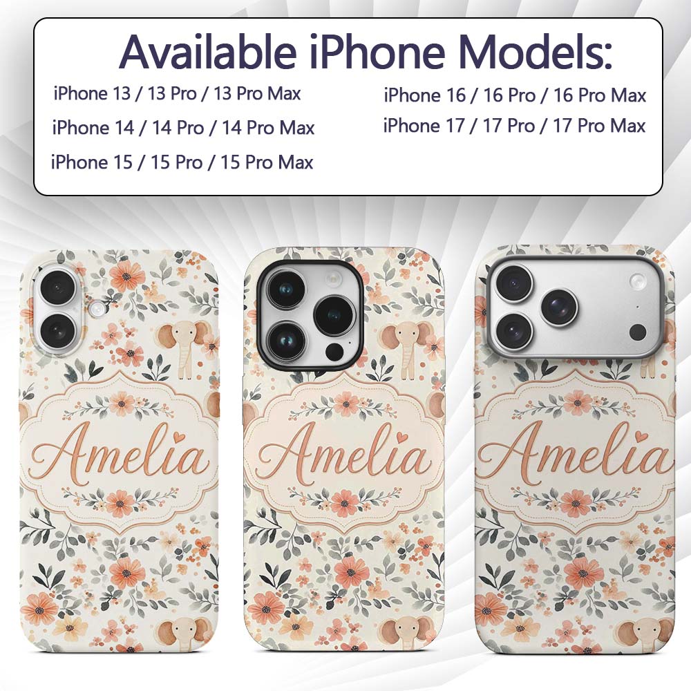 Cute Baby Elephants Floral Leaves Printed Design Custom Name Protective Phone Case Mobile Cover Durable Everyday Smartphone Shock Resistant