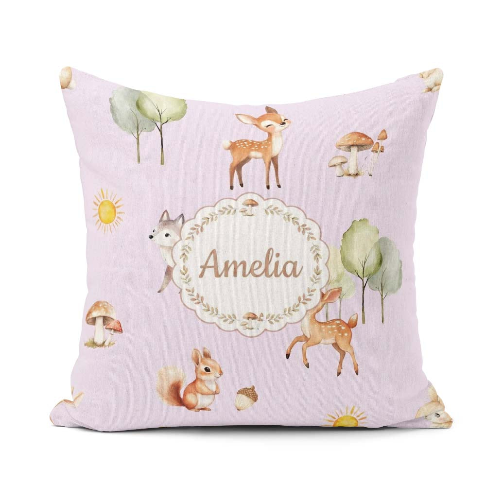 Custom Name Cute Woodland Deer Fox Mushroom Seamless on Lavender Square Filled Cushion Throw Pillow Sofa Bed Home Decor Zip Washable UK Made