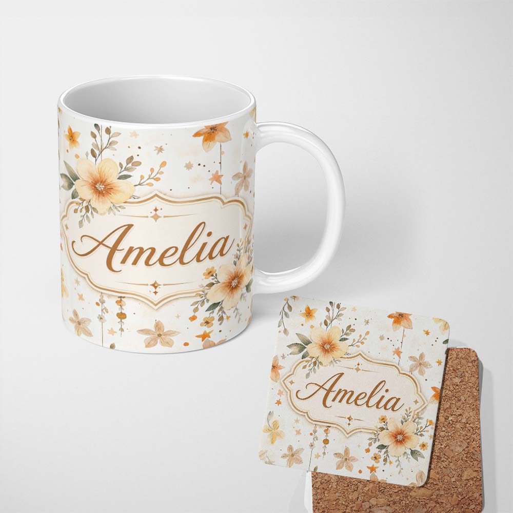 Personalized Custom Name Watercolor Floral Stars Hanging Blooms Seamless Pattern Soft Beige 11oz Ceramic Coffee Tea Mug White Large Handle