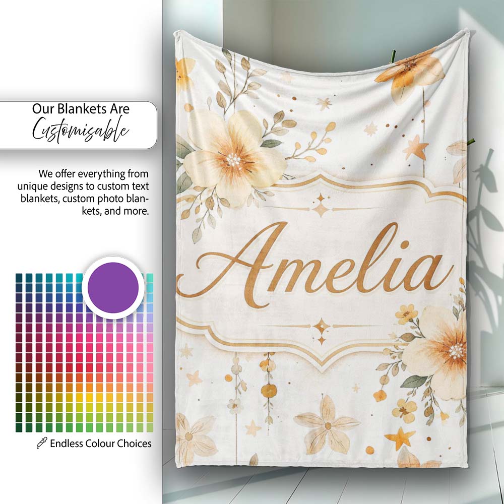 Watercolor Floral Stars Hanging Blooms Seamless Pattern Soft Beige Personalised Custom Name Super Soft Fleece Blanket Bed Sofa Throw