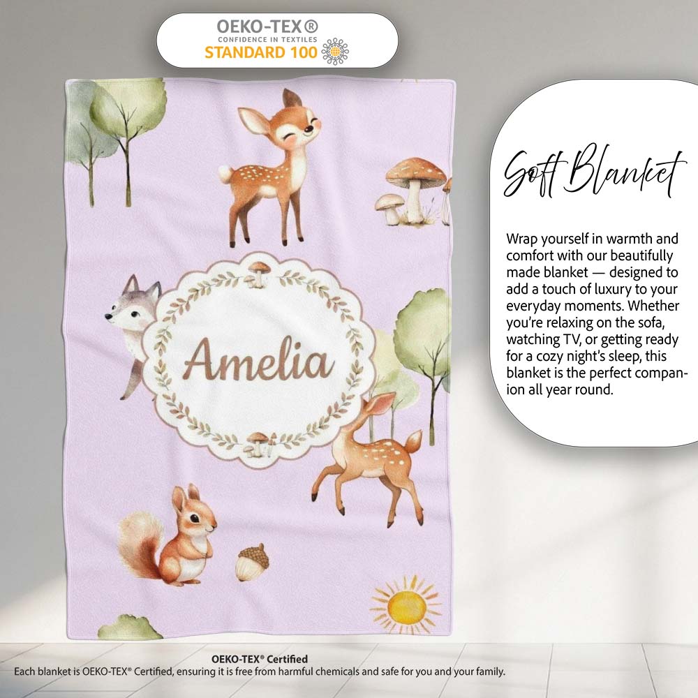Cute Woodland Deer Fox Mushroom Seamless Pattern on Pastel Lavender Personalised Custom Name Super Soft Fleece Blanket Bed Sofa Throw