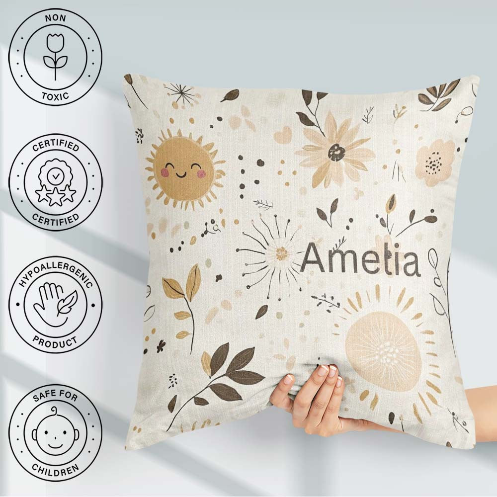 Custom Name Sun Flowers Abstract Leaves Seamless Pattern Neutral Square Filled Cushion Throw Pillow Sofa Bed Home Decor Zip Washable UK Made