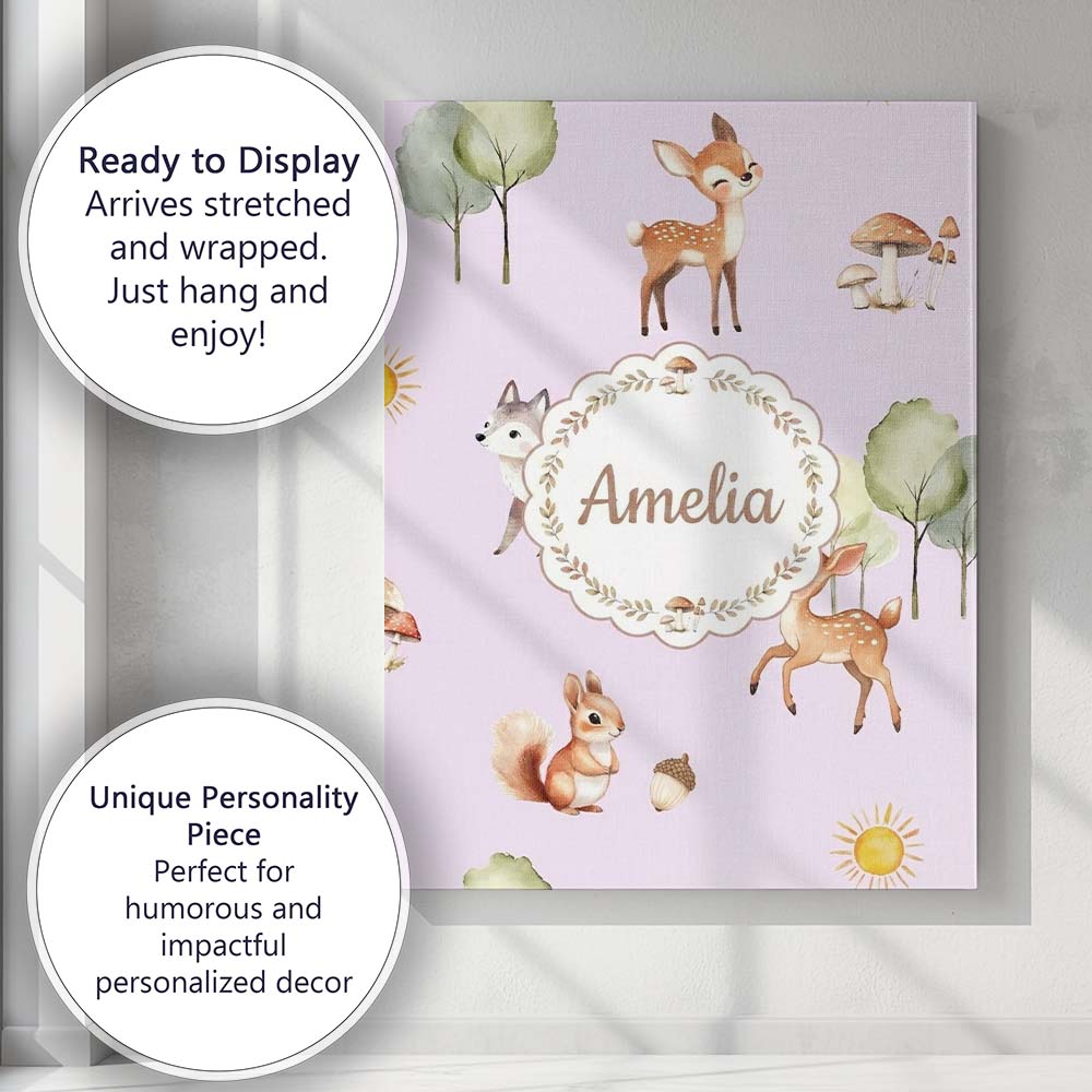 Personalised Name Cute Woodland Deer Fox Custom Unique Gift Idea Elegant Feature Canvas Wall Art Print Decor Picture Ready to Hang