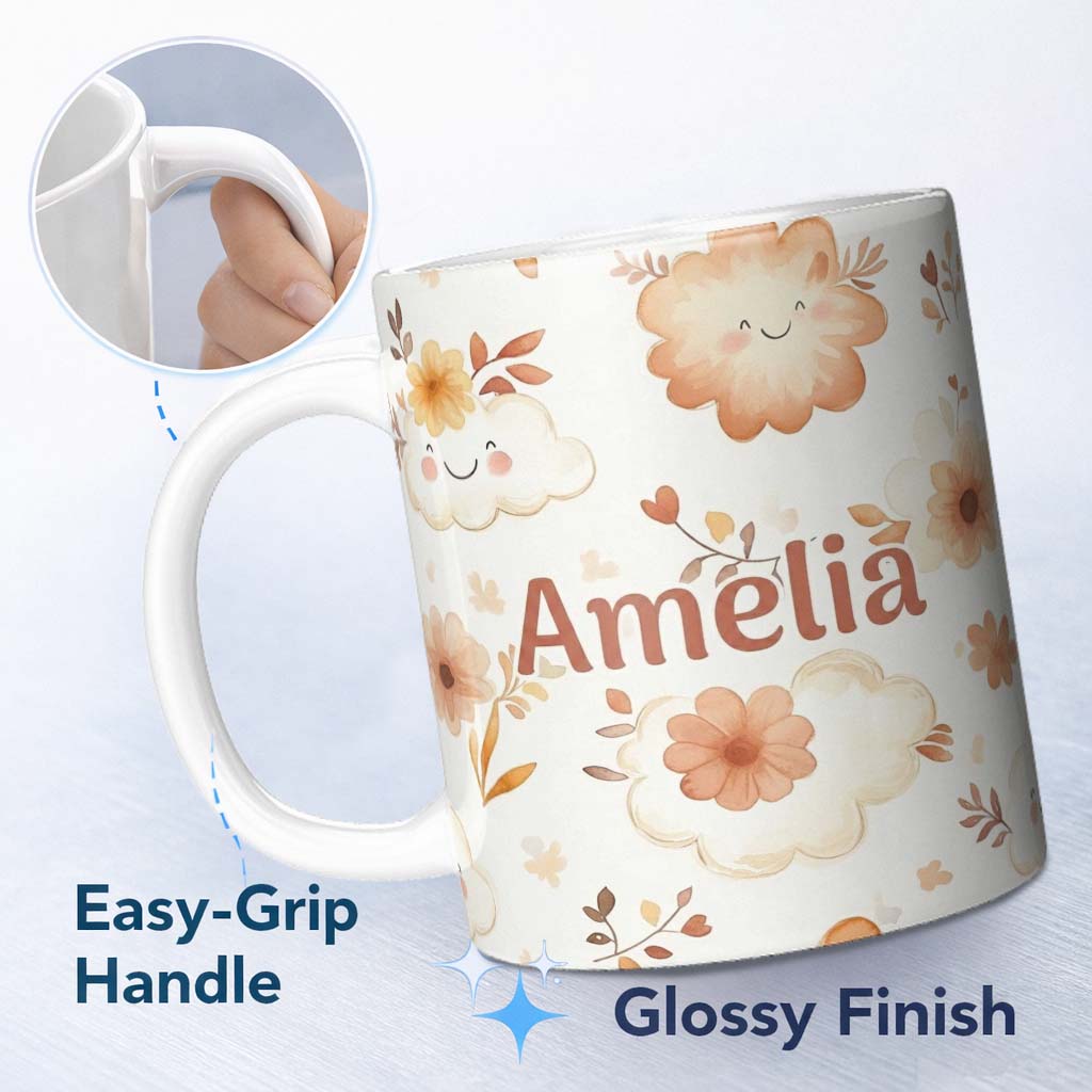 Personalized Custom Name Cute Smiling Clouds Flowers Pastel Seamless Pattern Kids Nursery 11oz Ceramic Coffee Tea Mug White Large Handle