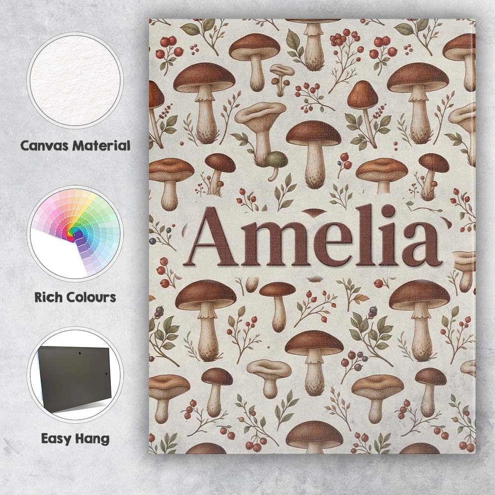 Personalised Name Neutral Mushroom Botanical Custom Bespoke Contemporary Display Canvas Wall Art Print Decor Picture Ready to Hang