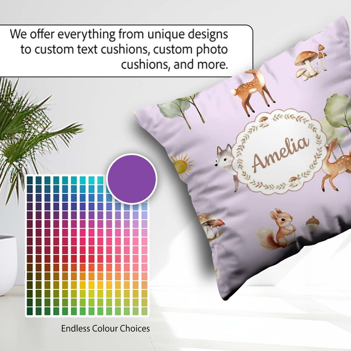 Custom Name Cute Woodland Deer Fox Mushroom Seamless on Lavender Square Filled Cushion Throw Pillow Sofa Bed Home Decor Zip Washable UK Made