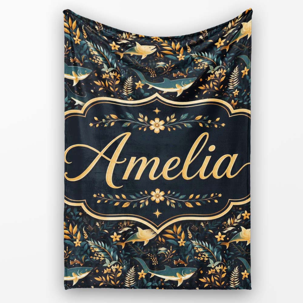 Elegant Navy Fish Floral Ocean Seamless Pattern Dark Botanical Name Personalised Custom Name Super Soft Fleece Blanket Bed Sofa Throw