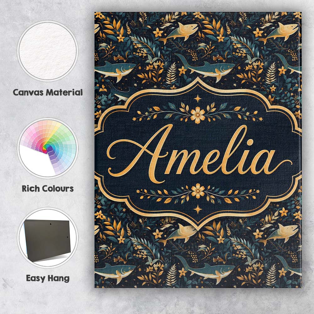 Personalised Name Elegant Navy Fish Floral Custom Bespoke Contemporary Statement Canvas Wall Art Print Decor Picture Ready to Hang