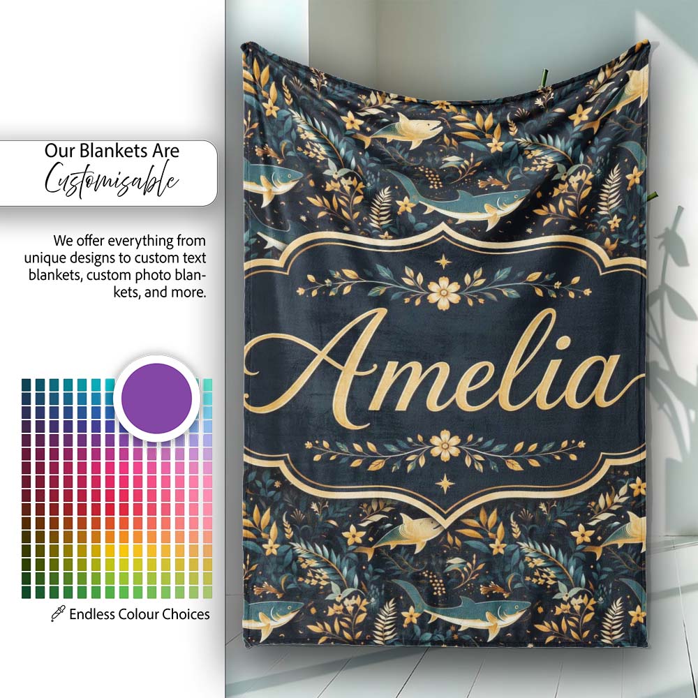 Elegant Navy Fish Floral Ocean Seamless Pattern Dark Botanical Name Personalised Custom Name Super Soft Fleece Blanket Bed Sofa Throw