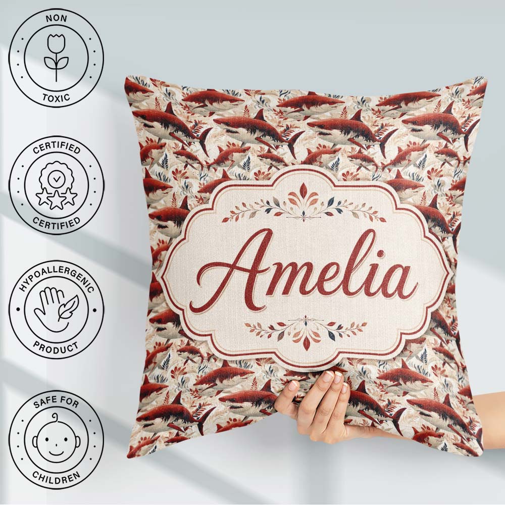 Custom Name Bold Sharks Ocean Floral Seamless Pattern Cream Name Square Filled Cushion Throw Pillow Sofa Bed Home Decor Zip Washable UK Made