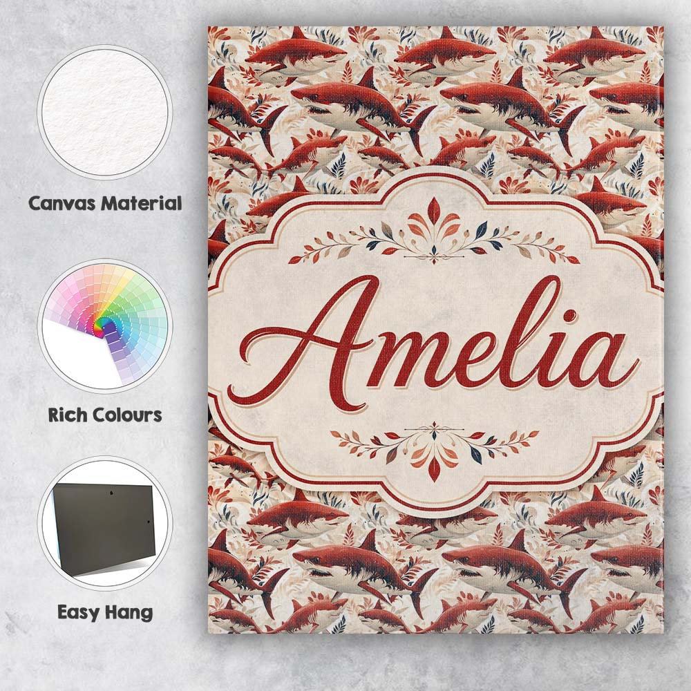 Personalised Name Bold Red Sharks Ocean Custom Modern Room Accent Elegant Feature Canvas Wall Art Print Decor Picture Ready to Hang