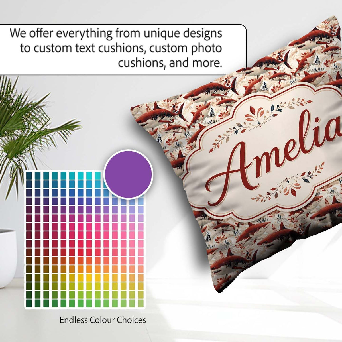 Custom Name Bold Sharks Ocean Floral Seamless Pattern Cream Name Square Filled Cushion Throw Pillow Sofa Bed Home Decor Zip Washable UK Made