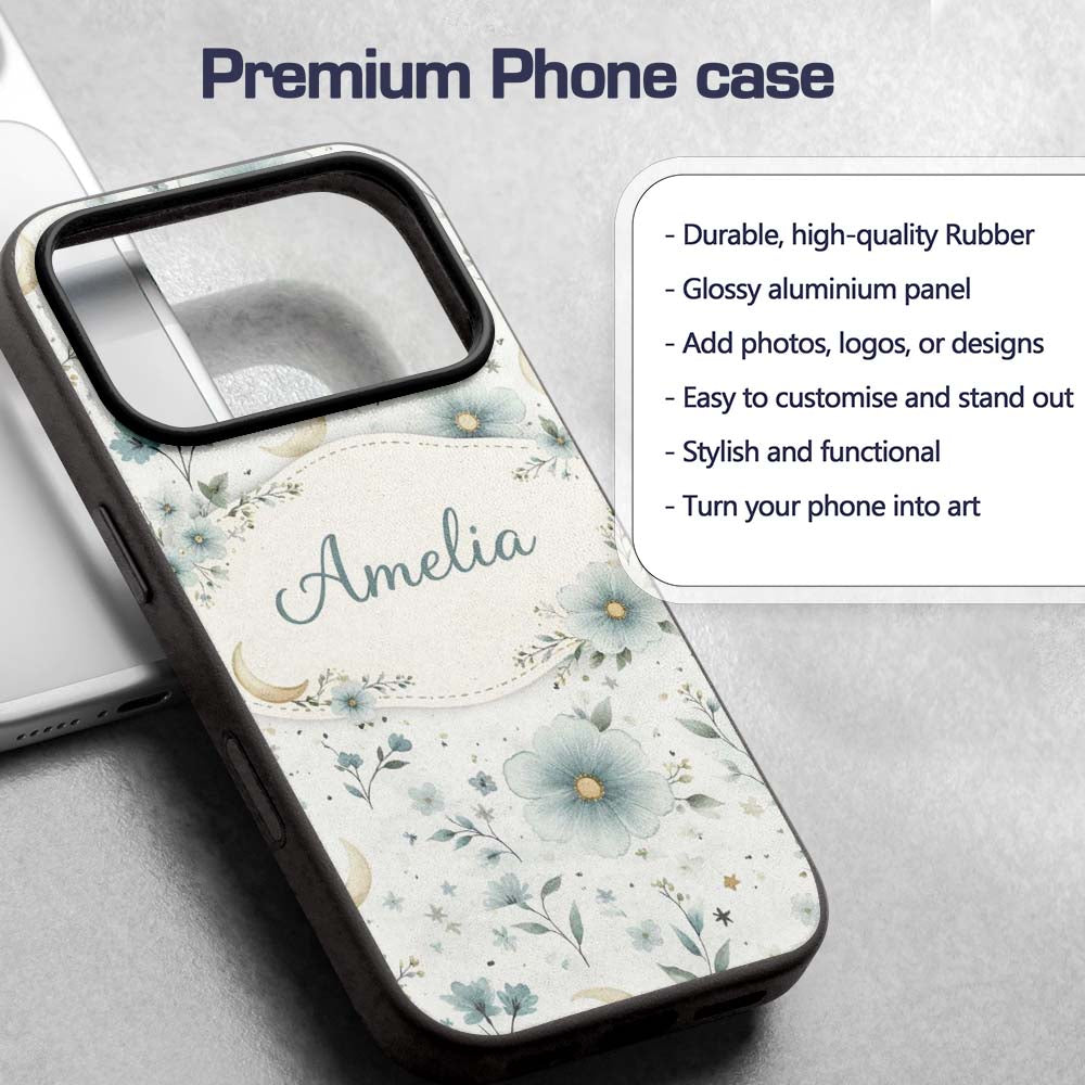 Blue Floral Moon Seamless Pattern Printed Design Custom Name Protective Phone Case Mobile Cover Durable Everyday Smartphone Shock Resistant