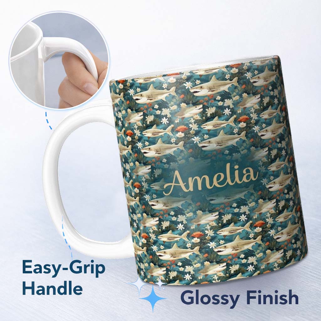 Personalized Custom Name Vintage Shark Floral Ocean Garden Seamless Pattern Teal Background 11oz Ceramic Coffee Tea Mug White Large Handle