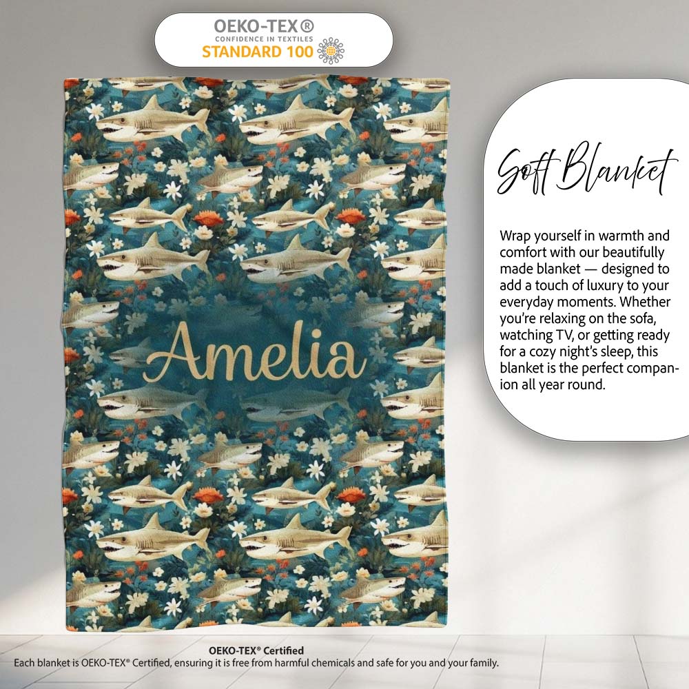 Vintage Shark Floral Ocean Garden Seamless Pattern Teal Background Personalised Custom Name Super Soft Fleece Blanket Bed Sofa Throw