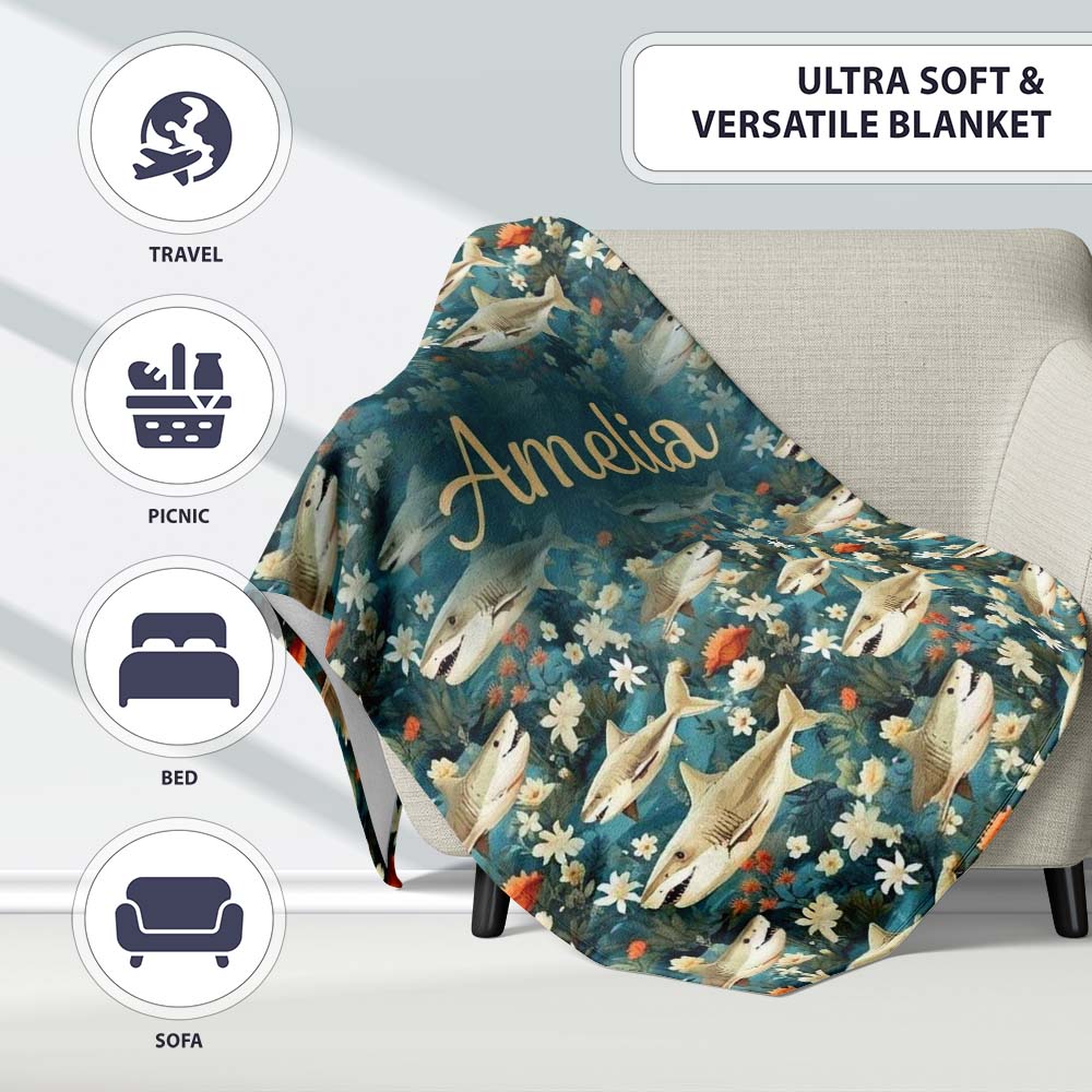 Vintage Shark Floral Ocean Garden Seamless Pattern Teal Background Personalised Custom Name Super Soft Fleece Blanket Bed Sofa Throw