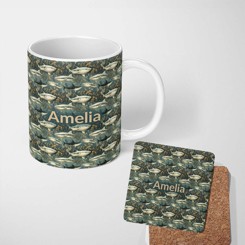 Personalized Custom Name Classic Shark Seaweed Ocean Seamless Pattern Deep Green Background 11oz Ceramic Coffee Tea Mug White Large Handle