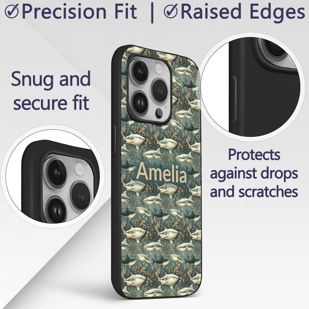 Classic Shark Seaweed Ocean Seamless Pattern Deep Custom Name Protective Phone Case Mobile Cover Durable Everyday Smartphone Shock Resistant