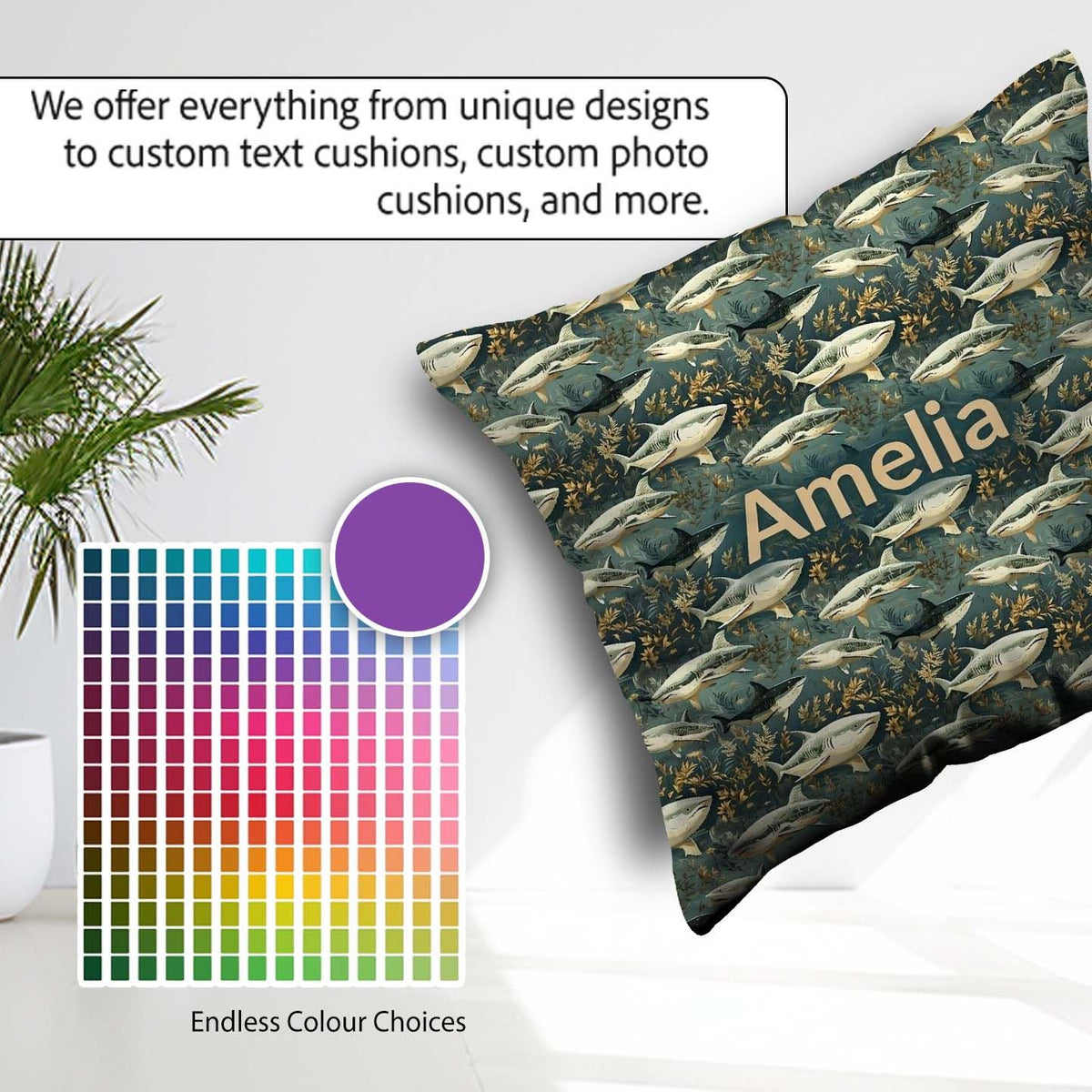 Custom Name Classic Shark Seaweed Ocean Seamless Deep Background Square Filled Cushion Throw Pillow Sofa Bed Home Decor Zip Washable UK Made