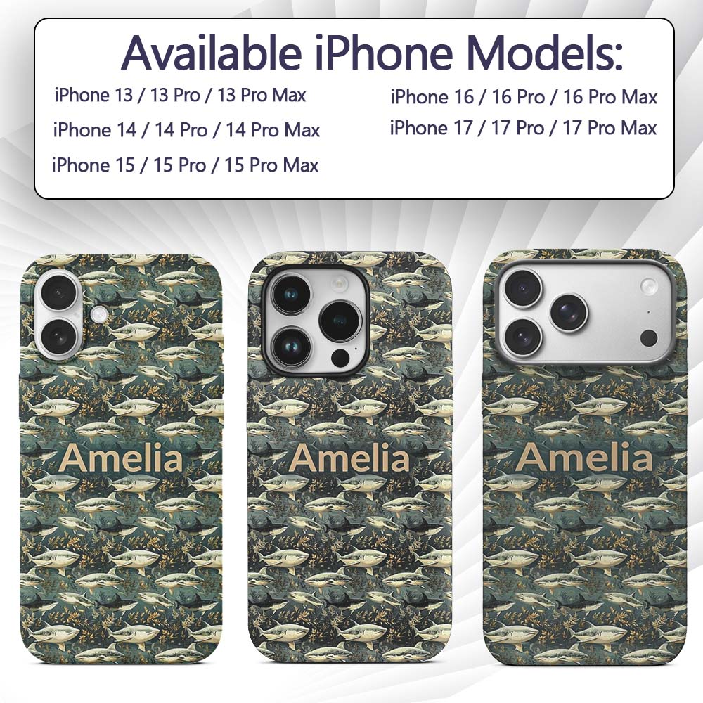 Classic Shark Seaweed Ocean Seamless Pattern Deep Custom Name Protective Phone Case Mobile Cover Durable Everyday Smartphone Shock Resistant